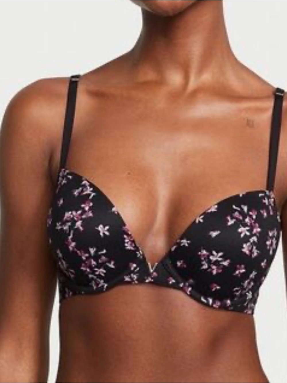 Victoria's Secret Black Push-Up Bra 40C Pink Floral Print